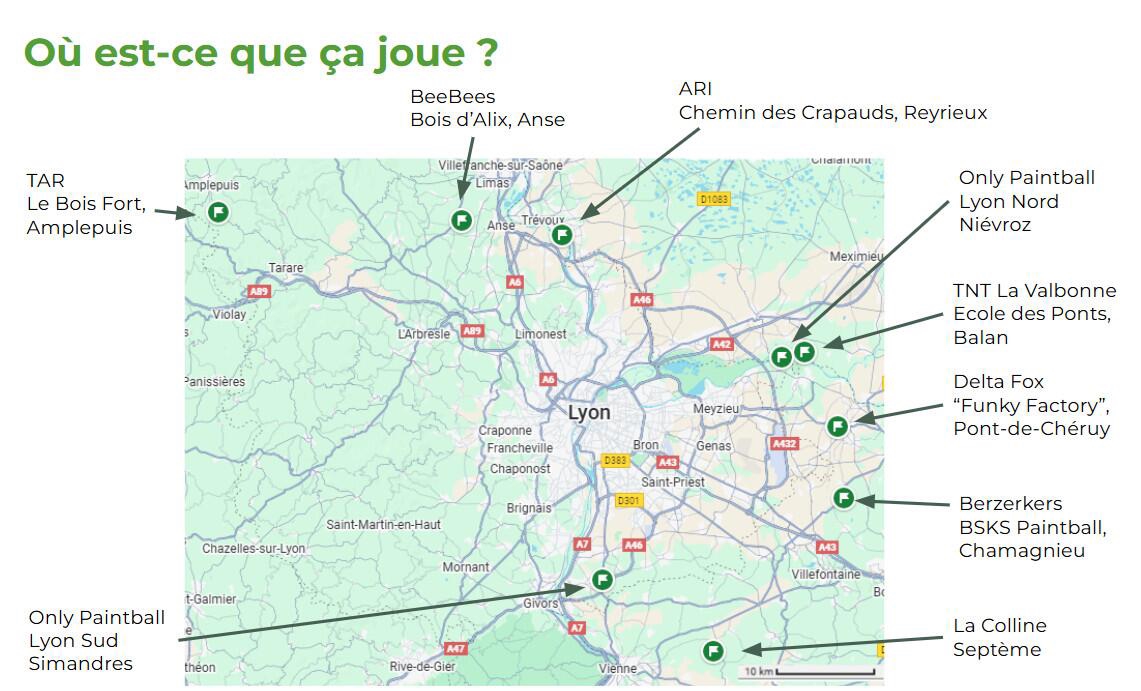 Carte des terrains et associations airsoft autour de Lyon en Rhône-Alpes
